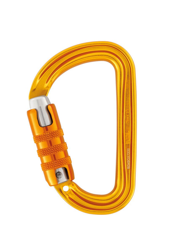 Petzl Sm'D asymmetrical aluminum carabiner, lightweight and designed for workers at height, with TRIACT-LOCK, SCREW-LOCK, and non-locking versions available.