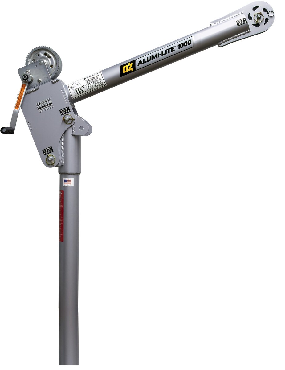 OZ Lifting Alumi-Lite aluminum davit crane featuring a manual hand crank winch and cable system, side view on a white background. - imagen 2