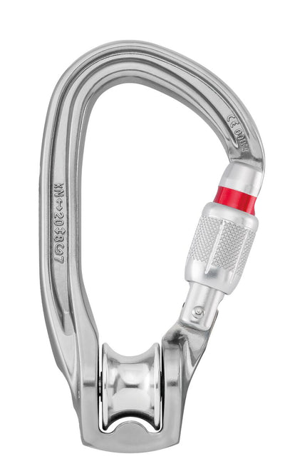 Petzl Rollclip Z pulley-carabiner with gate opening on the non-pulley side for easy installation on anchors and devices. Features a sealed ball bearing sheave for high efficiency, a Keylock system to prevent accidental snagging, and an H cross-section for improved strength-to-weight ratio. Available in two locking systems: TRIACT-LOCK (automatic triple-action) and SCREW-LOCK (manual with visual red band warning). Made of lightweight aluminum with a 20 kN major axis strength and 4 kN maximum working load.