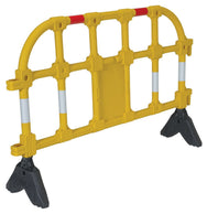 Vestil Plastic Interlocking Barrier in yellow, angled view with red tape, white post bands, and black base feet. - imagen 17