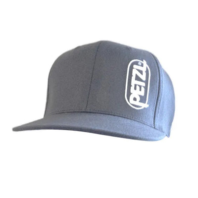 Black Petzl hat with vertical logo embroidery.
