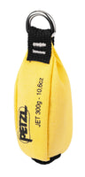 Petzl Jet throw-bag in yellow with a durable double-layer construction. Streamlined design for easy passage through tree branches. Available in 250 g, 300 g, and 350 g, with color-coded stitching for weight identification. Features a secondary attachment point for quick rope connection