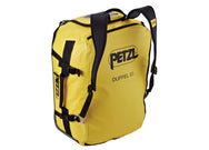 Black and yellow Petzl Duffel 65L backpack.
