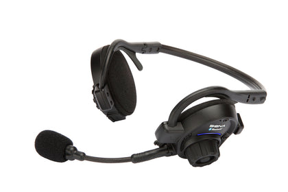 Vista completa de los auriculares Sena SPH10 que muestran el Jog Dial, el micrófono boom y el conjunto del codo sobre fondo blanco.