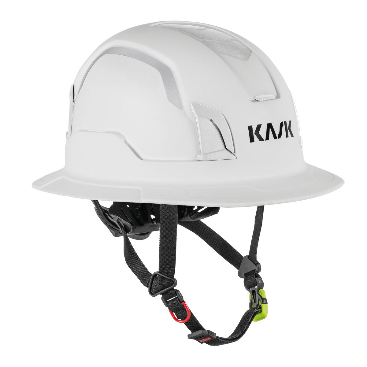 KASK Zenith X2 FR Full Brim Hi Viz safety helmet in white, front view with Adaptive Brim and chin strap - imagen 2