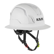 KASK Zenith X2 FR Full Brim Hi Viz safety helmet in white, front view with Adaptive Brim and chin strap - imagen 2