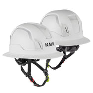 Two KASK Zenith X2 FR Full Brim Hi Viz safety helmets in white, front and side view