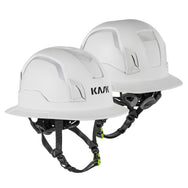 Two KASK Zenith X2 Full Brim Hi Viz safety helmets in white, front and side view
