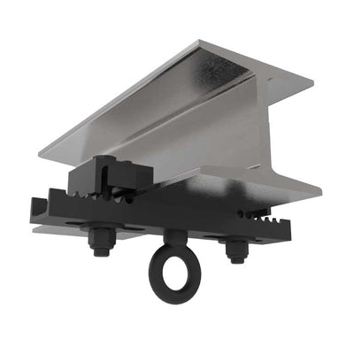 Adaptive Technologies Group BC3-8 open hang point beam clamp under a steel I-beam with eye below