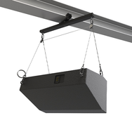 Adaptive Technologies Group double pulley tilt cable kit hanging a horizontal speaker from a beam