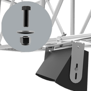 Adaptive Technologies Group MC-UB-KT bolt kit shown inset with truss clamp holding a speaker on truss