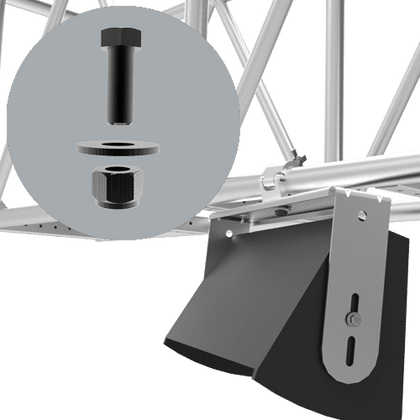Adaptive Technologies Group MC-UB-KT bolt kit shown inset with truss clamp holding a speaker on truss