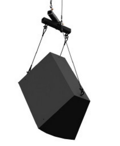 Adaptive Technologies Group rigging swivel beam suspending a black speaker from two cables