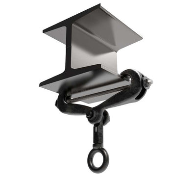 Adaptive Technologies Group BC3-7J scissor style beam clamp fitted to a steel I-beam flange with eyebolt below