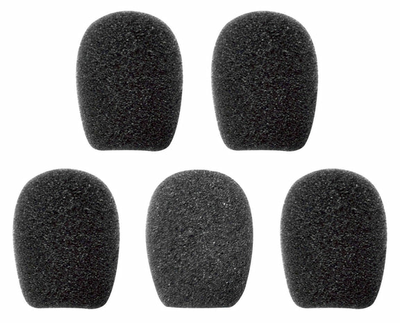 Five black foam microphone sponges for Sena boom headsets arranged on white background, part number SC-A0109