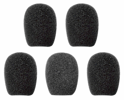 Five black foam microphone sponges for Sena boom headsets arranged on white background, part number SC-A0109