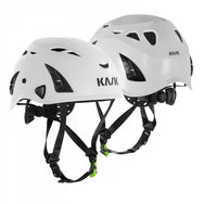 Two white helmets with black straps on a white background, featuring the Kask brand.