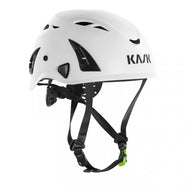 White helmet with black straps and Kask logo on a white background