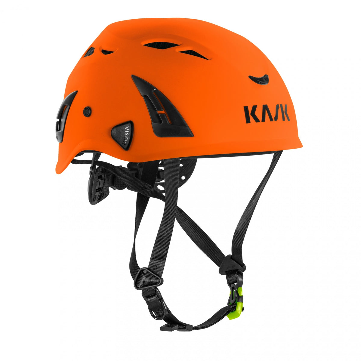 Orange helmet with black straps on a white background