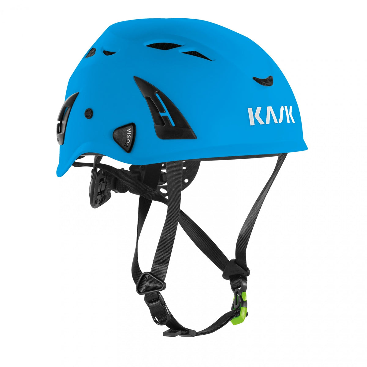 Blue helmet with black straps on a white background