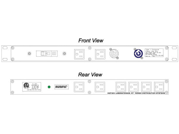 Front and rear drawing of Motion Labs Rac Pac 1RU rack PDU with PowerCon connector and Edison outlets - imagen 2