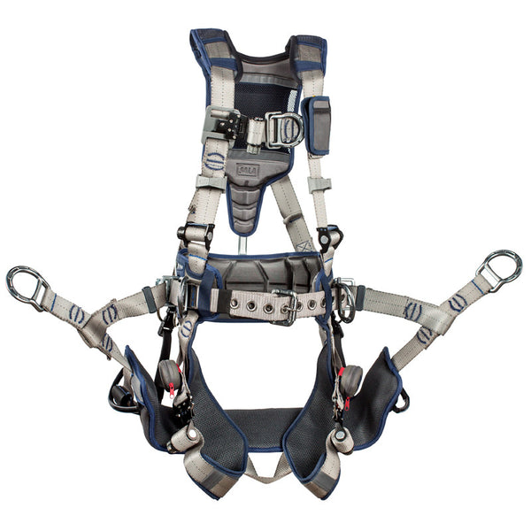 3M™ DBI-SALA® ExoFit STRATA™ Tower Climbing Harness - Front View with Quick Connect Buckles, Body Belt/Hip Pad with Side D-rings and Snap and Go Front D-ring