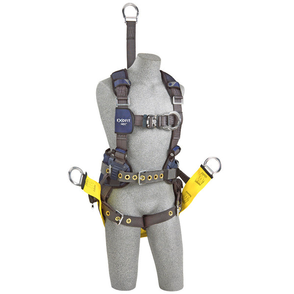 3M™ DBI-SALA® ExoFit NEX™ Oil & Gas Positioning/Climbing Harness - Front View with Lightweight Aluminum Front D-ring with Quick Connect Chest Strap, Body Belt/Hip Pad with Back D-ring and Tongue Buckle Leg Straps