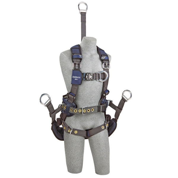 3M™ DBI-SALA® ExoFit NEX™ Oil & Gas Positioning/Climbing Harness - Front View with Tongue Buckle Leg Straps, Lightweight Aluminum Front D-ring and Body Belt/Hip Pad with Back D-ring