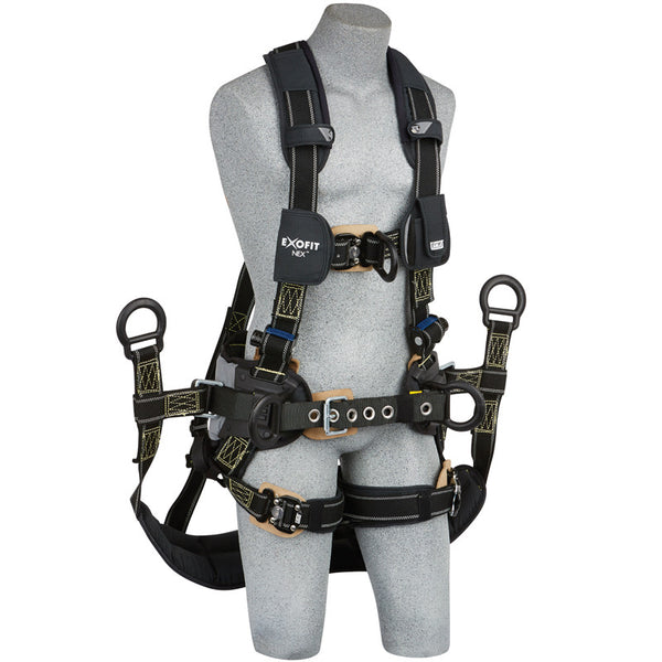 3M™ DBI-SALA® ExoFit NEX™ Arc Flash Tower Climbing Harness  - Front View with Lightweight Aluminum PVC Coated Front D-ring and Body Belt/Hip Pad with PVC Coated Side D-rings