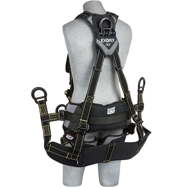 3M™ DBI-SALA® ExoFit NEX™ Arc Flash Tower Climbing Harness - Rear View with Lightweight Aluminum Stand-up Back D-ring and Removable Seat Sling with Aluminum Board and PVC Coated Suspension D-rings