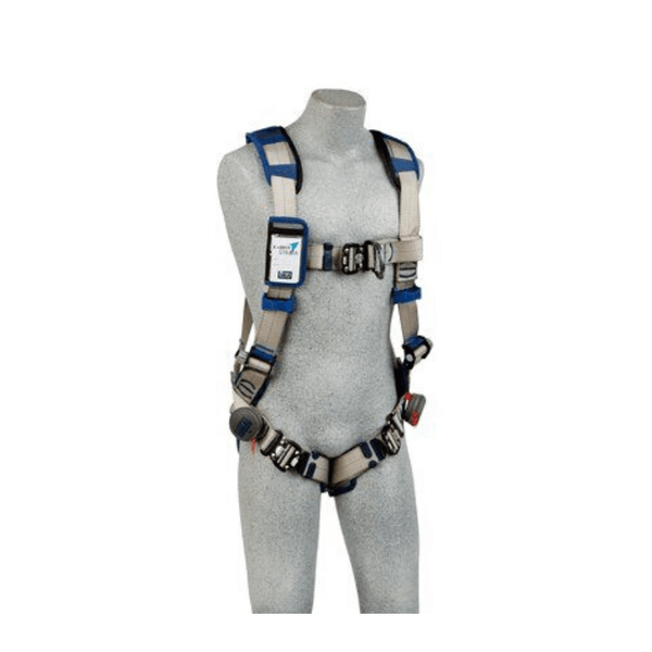 3M™ DBI-SALA® ExoFit STRATA™ Vest-Style Climbing Harness (Duo-Lok™) - Front View with Snap and Go Lightweight Aluminum Front D-Ring and Web-Locking Quick Connect Chest and Leg Straps