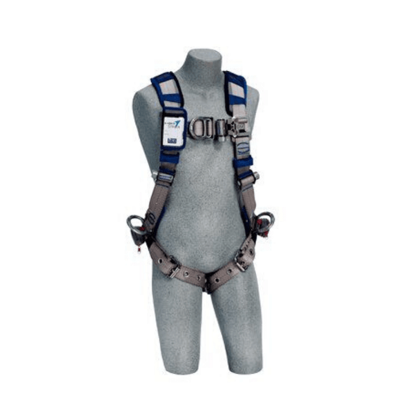 3M™ DBI-SALA® ExoFit™ STRATA™ Vest-Style Positioning/Climbing Harness (Tongue Buckle) - Front View with Snap and Go Lightweight Aluminum Front D-ring, Side D-rings and Tongue Buckle Leg Straps