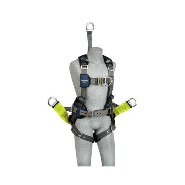3M™ DBI-SALA® ExoFit NEX™ Oil & Gas Positioning/Climbing Harness - Front View with Tongue Buckle Leg Straps, Front D-ring with Pass-Through Chest Strap and Body Belt/Hip Pad with Back D-ring