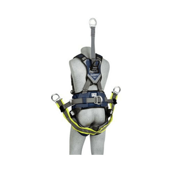 3M™ DBI-SALA® ExoFit NEX™ Oil & Gas Positioning/Climbing Harness - Rear View with 18'' Back D-ring Extension, Body Belt/Hip Pad with Back D-ring and Removable Seat Sling with Suspenion D-rings