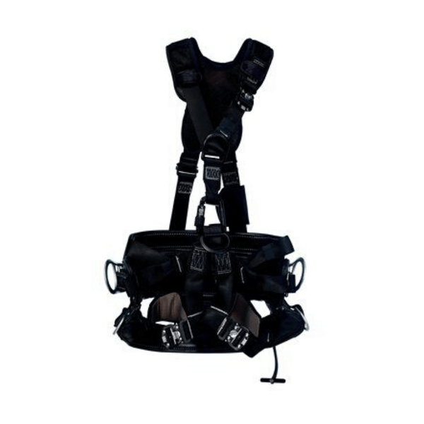 3M™ DBI-SALA® ExoFit NEX™ Lineman Suspension Harness with 4D Belt - Front View with Quick Connect Buckles, Lightweight Aluminum Front, Side and Suspension D-rings, Tongue Buckle Style Lineman Belt with Seat and Gut Strap with Quick Connect Buckle