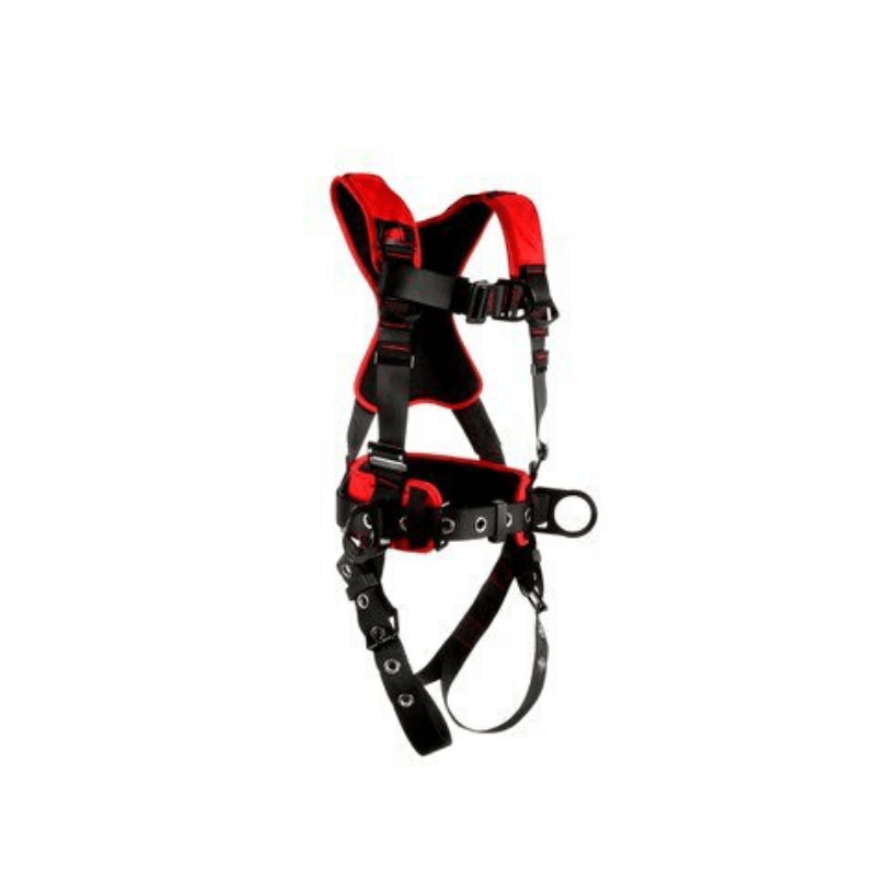 Arnés de escalada/posicionamiento estilo construcción Protecta® Comfort de 3M™: vista lateral con conexiones para piernas con hebilla de lengüeta y pecho pasante, anillo en D frontal y cinturón corporal/almohadilla para cadera con anillos en D laterales - imagen 2