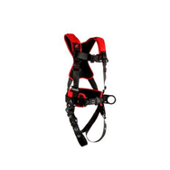 Arnés de escalada/posicionamiento estilo construcción Protecta® Comfort de 3M™: vista lateral con conexiones para piernas con hebilla de lengüeta y pecho pasante, anillo en D frontal y cinturón corporal/almohadilla para cadera con anillos en D laterales - imagen 2