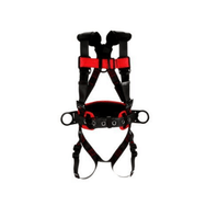 Arnés de posicionamiento estilo construcción 3M™ Protecta®: vista frontal con conexiones pasantes para el pecho y las piernas y cinturón corporal/almohadilla para la cadera con anillos en D laterales