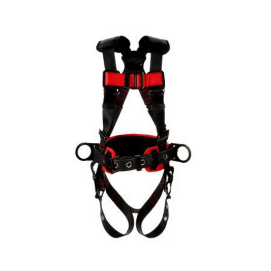 3M™ Protecta® Construction Style Positioning Harness - Front View with Pass-Through Chest and Tongue Buckle Leg Connections and Body Belt/Hip Pad with Side D-rings