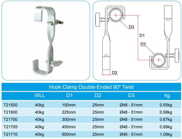 Doughty Hook Clamp (Steel)- Double Ended 90° Twist Specifications - MTN Shop 