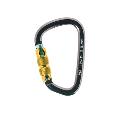 Mosquetón de aluminio PMI Mate II HMS Triplock: el mosquetón Mate II HMS Triplock de PMI cumple con OSHA y proporciona la máxima resistencia y seguridad. Portón autoblocante con acción de tres pasos. MBS: 6592 lbf. – Ahora disponible en MTN Shop US.