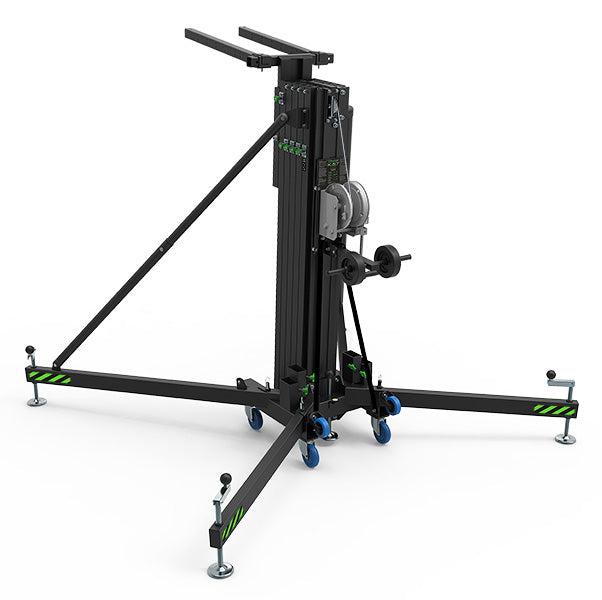 Kuzar Tower Lift K-57: Con un peso de sólo 223 kg, es capaz de levantar 500 kg a una altura de 7 m en modo dinámico y unos enormes 1200 kg si se utiliza en modo estructural. El modo estructural es cuando el elevador se eleva hasta la altura deseada sin nada más que un polipasto manual/eléctrico conectado a las horquillas y luego el polipasto eleva la carga. – Ahora disponible en MTN Shop US.