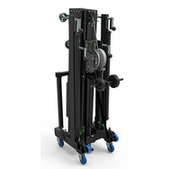 Kuzar Tower Lift K-57: Con un peso de sólo 223 kg, es capaz de levantar 500 kg a una altura de 7 m en modo dinámico y unos enormes 1200 kg si se utiliza en modo estructural. El modo estructural es cuando el elevador se eleva hasta la altura deseada sin nada más que un polipasto manual/eléctrico conectado a las horquillas y luego el polipasto eleva la carga. – Ahora disponible en MTN Shop US.