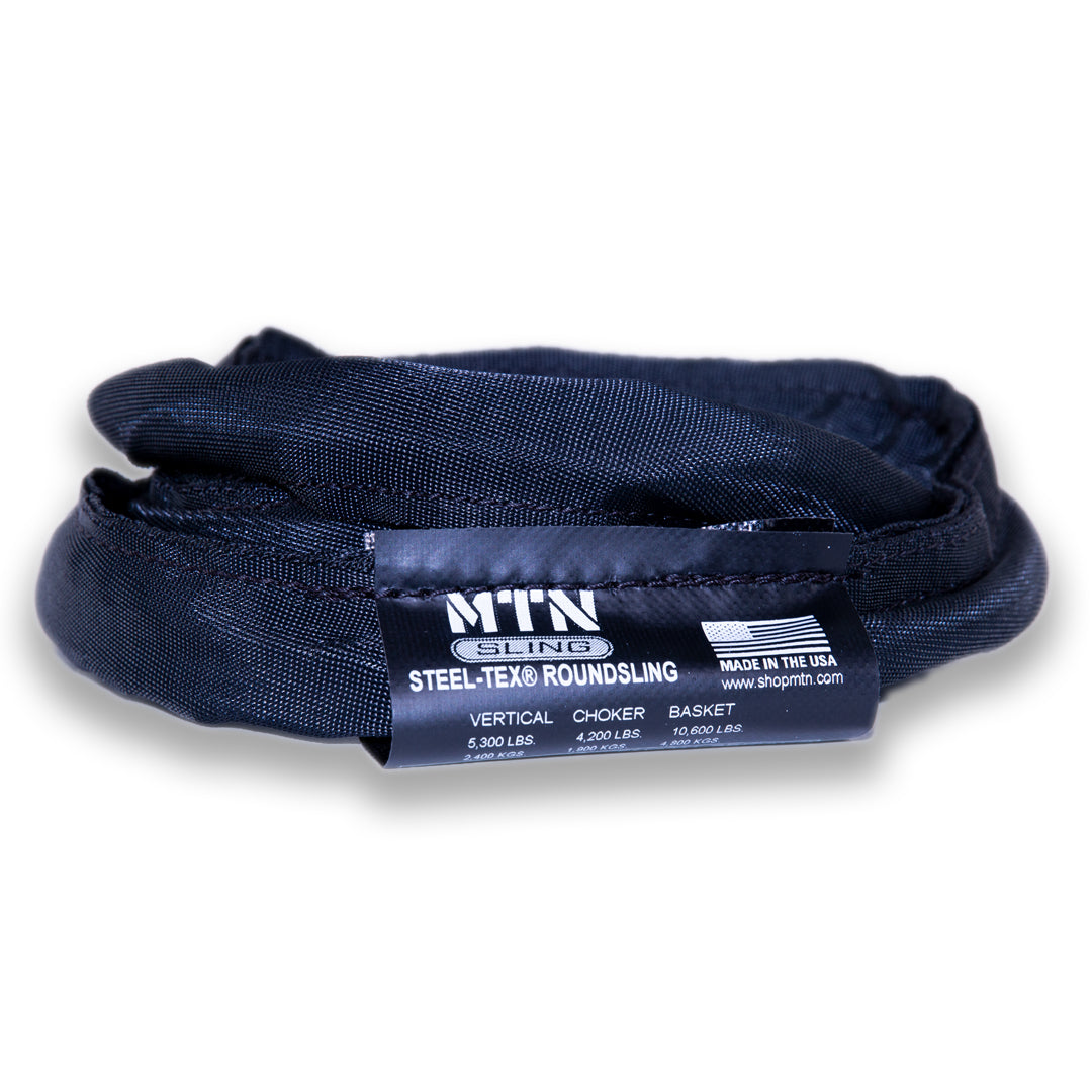 MTN Round Slings Black Steel-Tex– MTN Slings are designed to match theatrical settings and safely perform during all of your lifting applications. For sale in 2', 3', 4', 6', 8' 9', 12' lengths. Best round slings for rigging, lightweight, OSHA certified, black theatrical color. – Now available at MTN Shop US. - imagen 2