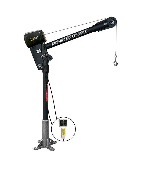 Fibra de carbono para grúa pescante Elite de OZ Lifting: la grúa pescante Elite compuesta de OZ Lifting es, libra por libra, la más liviana y resistente del mercado gracias a su construcción de fibra de carbono. La grúa pesa sólo 37 libras y tiene una capacidad de elevación de 1200 libras. La grúa está disponible con cabrestante manual, cabrestante eléctrico de 110 V CA o cabrestante eléctrico de 12 V CC. Cada grúa ha sido probada y certificada individualmente al 125%. – Ahora disponible en MTN Shop US. - imagen 3