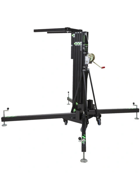 Kuzar Tower Lift K30– Weighing only 103kg the K-30 is capable of lifting 200kg to a height of 5m. The K-30 is a multipurpose tower for the elevation of Audio Systems, Line Array, truss structures, lighting systems, etc. The K-30 lifting tower is the lightest in the range. It is composed of 4 aluminum sections and a steel base provides stability, it comes with two extra lateral supports to provide more muscle when lifting P.A. In addition to four adjustable legs with non-slip rubber saucers. The 4 swivel whe - imagen 3