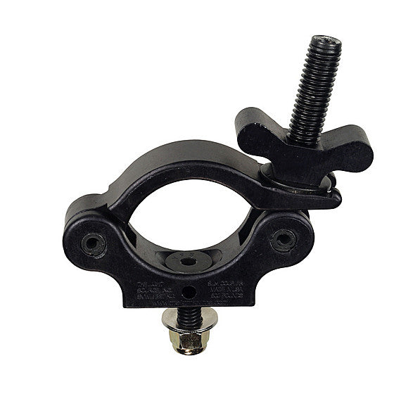The Light Source Mega-Slim Coupler MSCB-CS — black low-profile lighting clamp front view showing clamp opening and flat head bolt for truss and pipe installations.