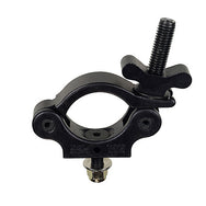 The Light Source Mega-Slim Coupler MSCB-CS — black low-profile lighting clamp front view showing clamp opening and flat head bolt for truss and pipe installations.